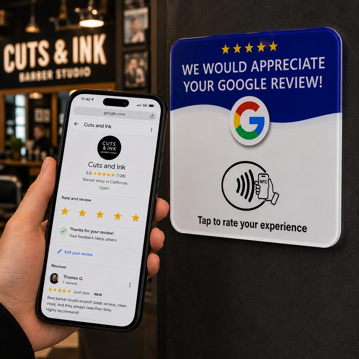 A blue Rapid Review Co. plaque mounted on a barbershop wall next to a phone showing a five-star Google review